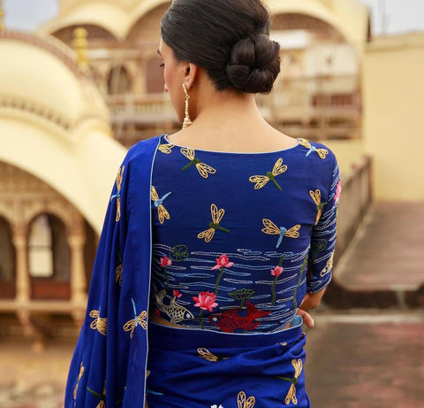 Royal blue embroidery design blouse Get Extra 10% Discount on All Prepaid Transaction
