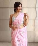 Pink Color Floral Embroidery Design Linen Sarees