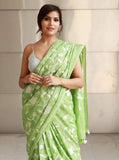 Pesta Green Color Floral Embroidery Design Linen Sarees