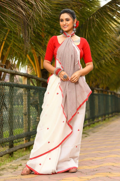 Beautiful White and Red Handloom Cotton Sarees