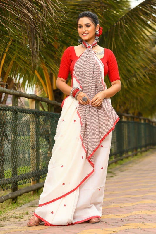 Beautiful White and Red Handloom Cotton Sarees