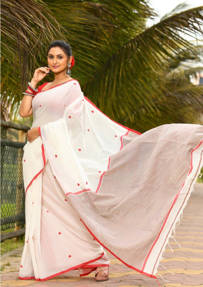 Beautiful White and Red Handloom Cotton Sarees