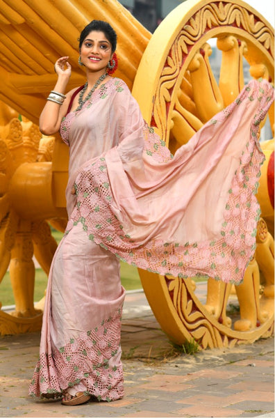 Pink Colors Beautiful Cut-Work Handloom Pure Tussar Silk Sarees – Dailybuyys