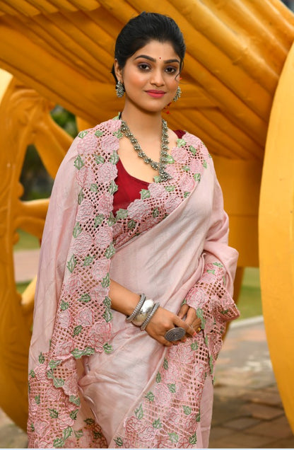 Pink Colors Beautiful Cut-Work Handloom Pure Tussar  Silk Sarees