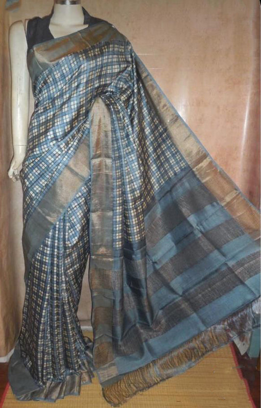 Grey Block Printed Zari Border Pure Silk Mark Certified Tussar Silk Sarees