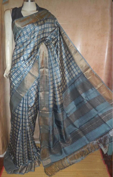 Grey Block Printed Zari Border Pure Silk Mark Certified Tussar Silk Sarees