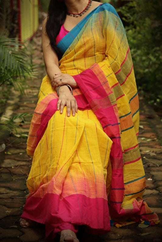 Yellow Pure Khadi Cotton Sarees