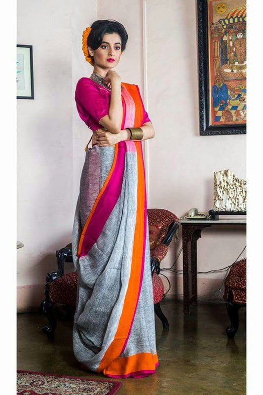 Pink Pure Linen Sarees - Dailybuyys