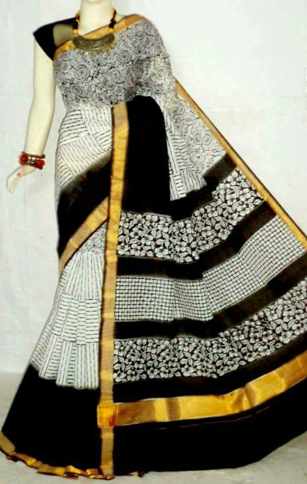 Black White Kerala Pure Cotton Sarees - Dailybuyys
