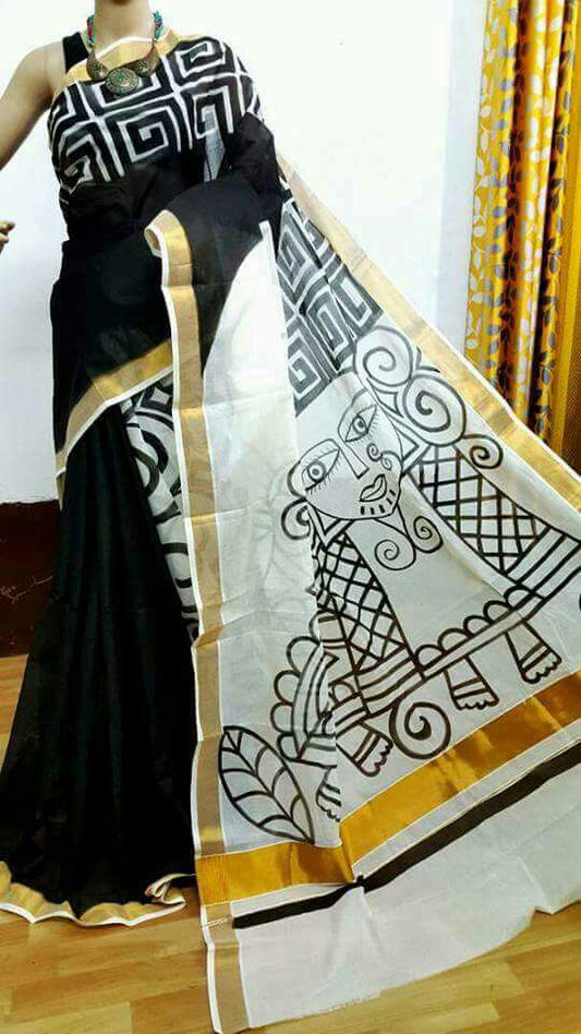 Black Kerala Pure Cotton Sarees - Dailybuyys