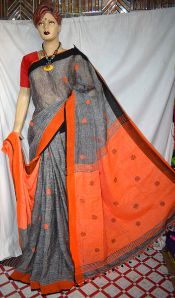 Grey Orange Pure Linen Sarees