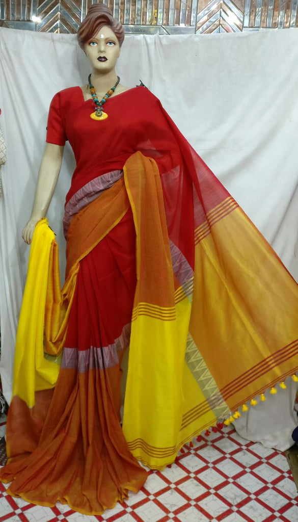 Red ,Yellow Bengal Handloom Khadi Sarees