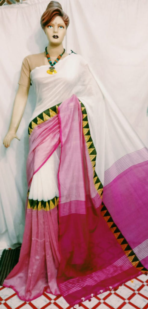 White Pink Bengal Handloom Khadi Sarees