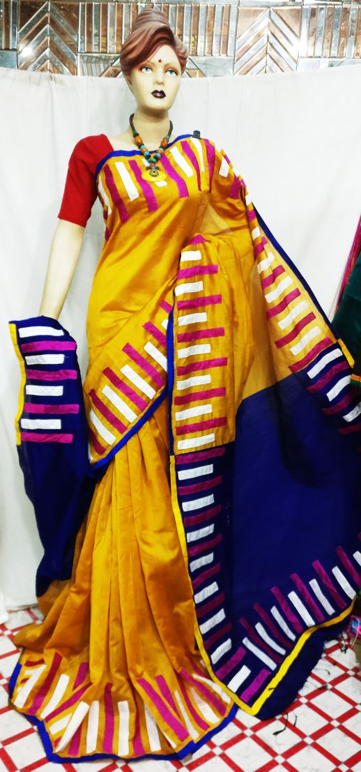 Yellow & Blue Applique Sarees - Dailybuyys