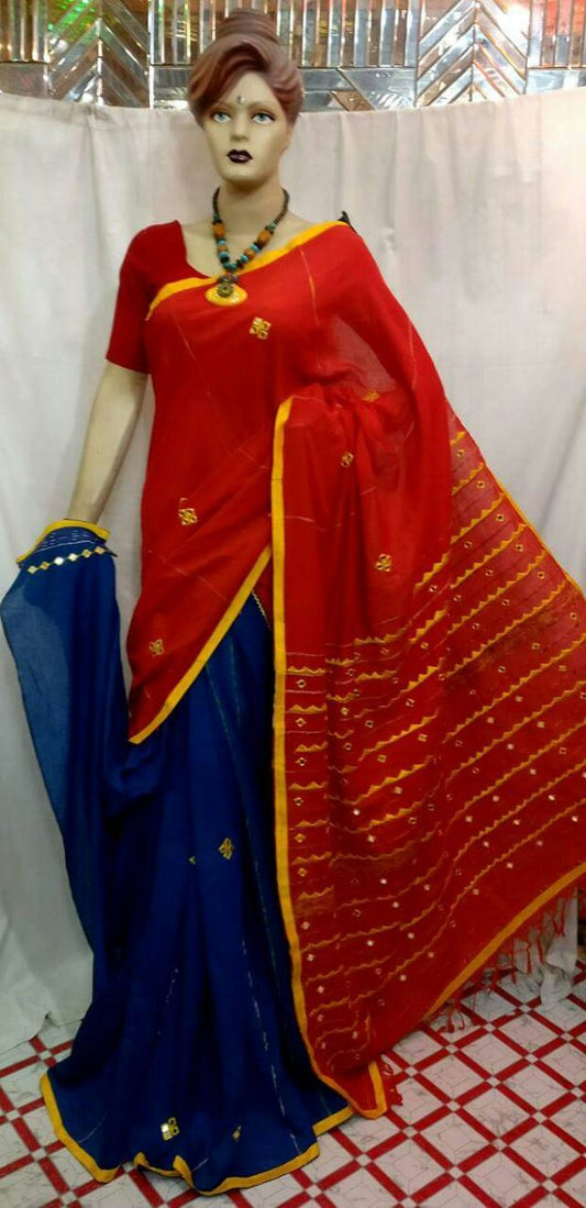 Orange Blue Mirror Work Khesh Sarees - Dailybuyys