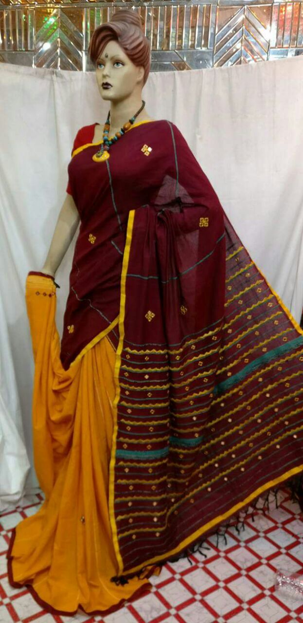 Maroon Yellow Mirror Work Khesh Sarees - Dailybuyys