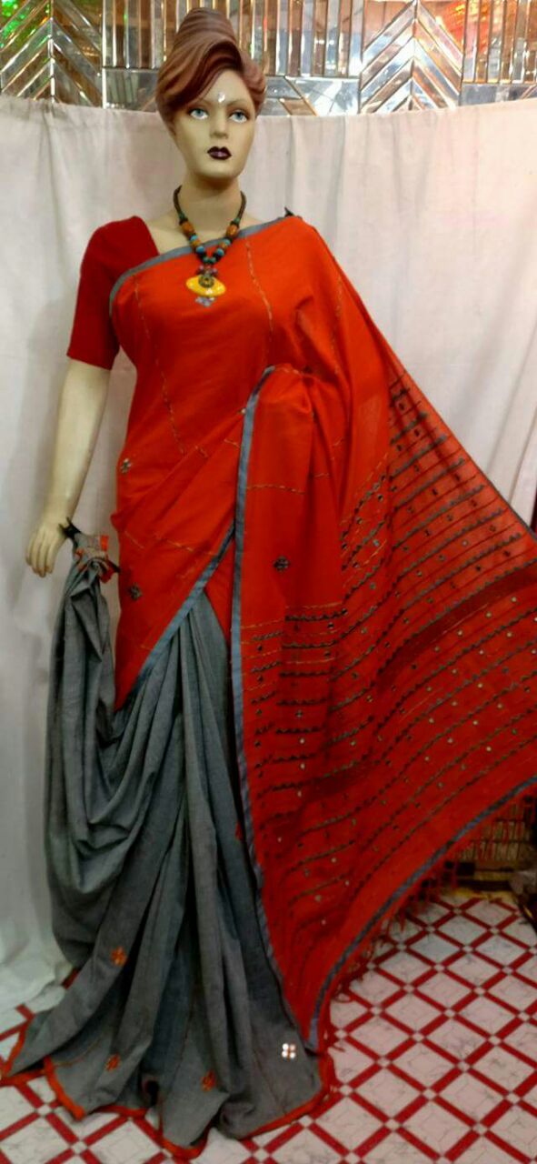 Orange Grey Mirror Work Khesh Sarees - Dailybuyys
