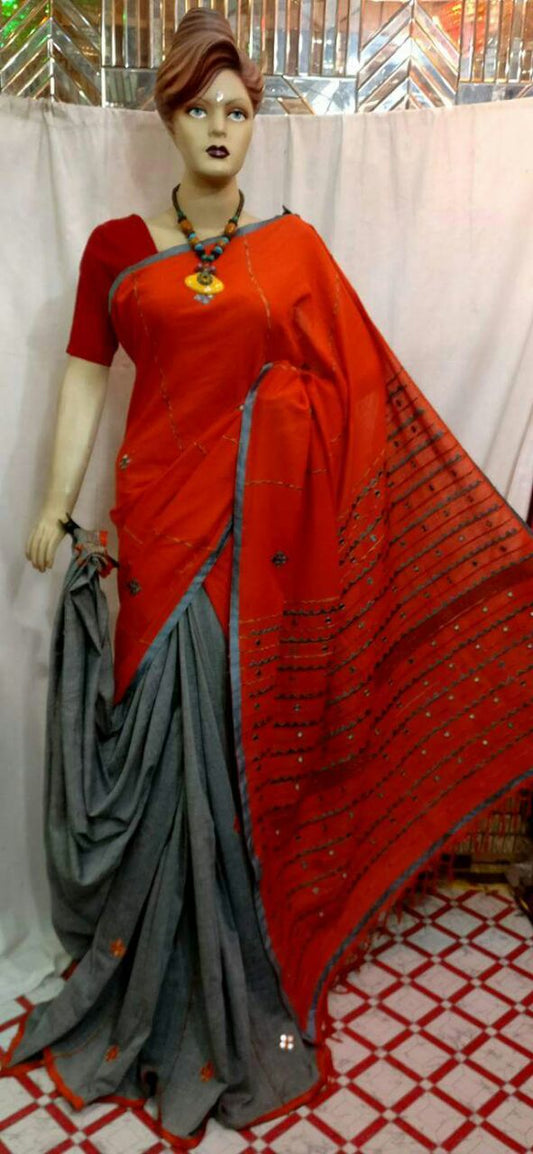 Orange Grey Mirror Work Khesh Sarees - Dailybuyys