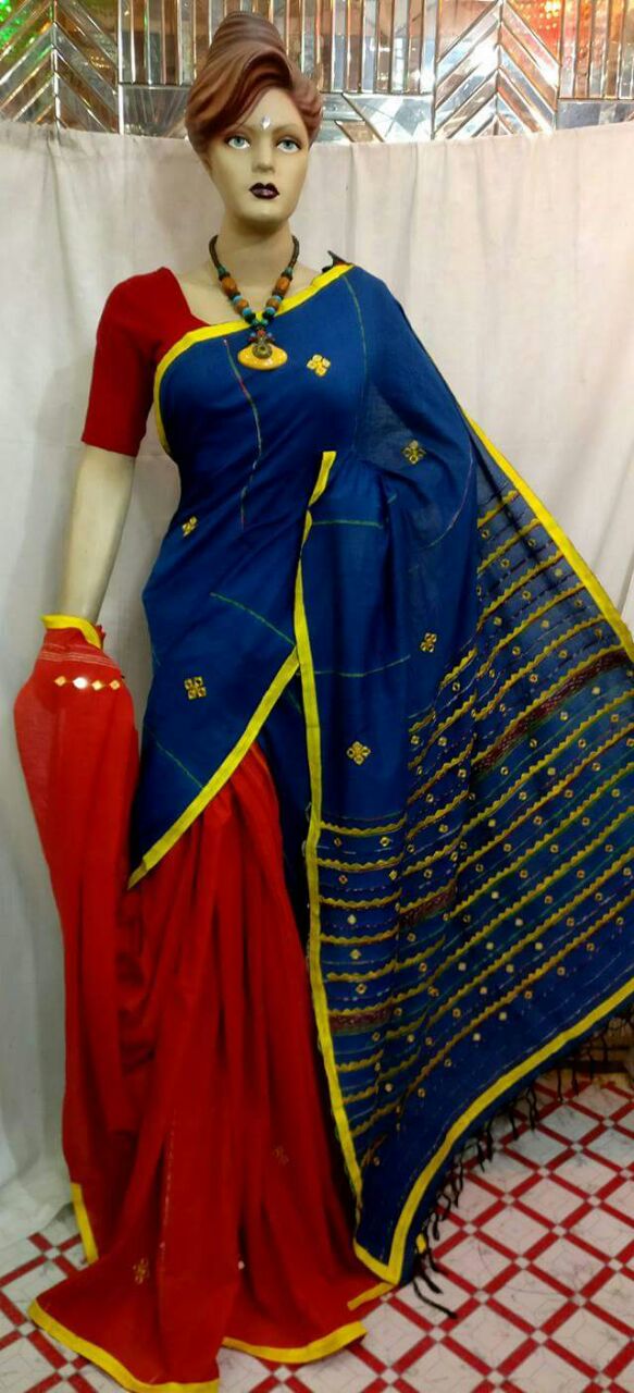 Blue Red Mirror Work Khesh Sarees - Dailybuyys