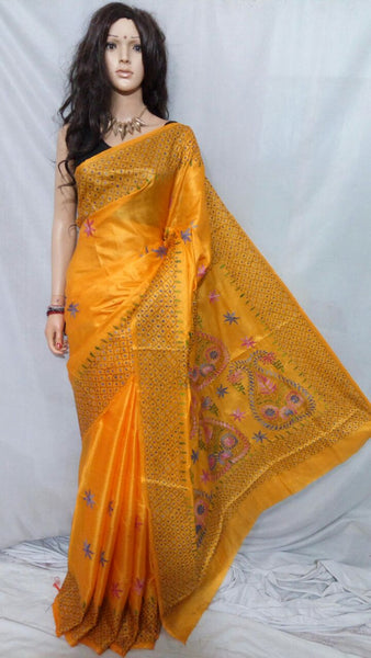 Yellow katha stitch Bhagalpuri Silk Sarees