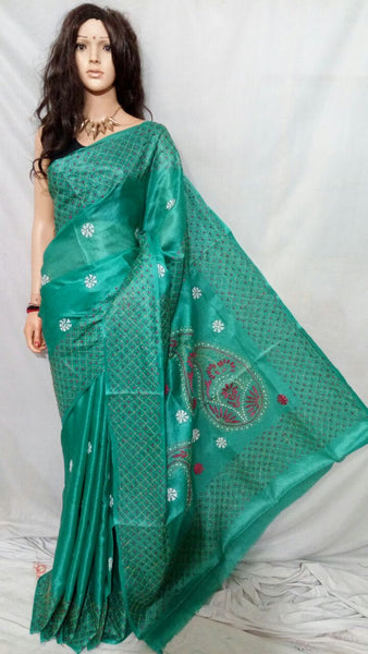 Green Katha Stitch Bhagalpuri Silk Sarees