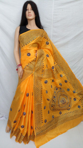 Yellow katha stich Bhagalpuri Silk Sarees