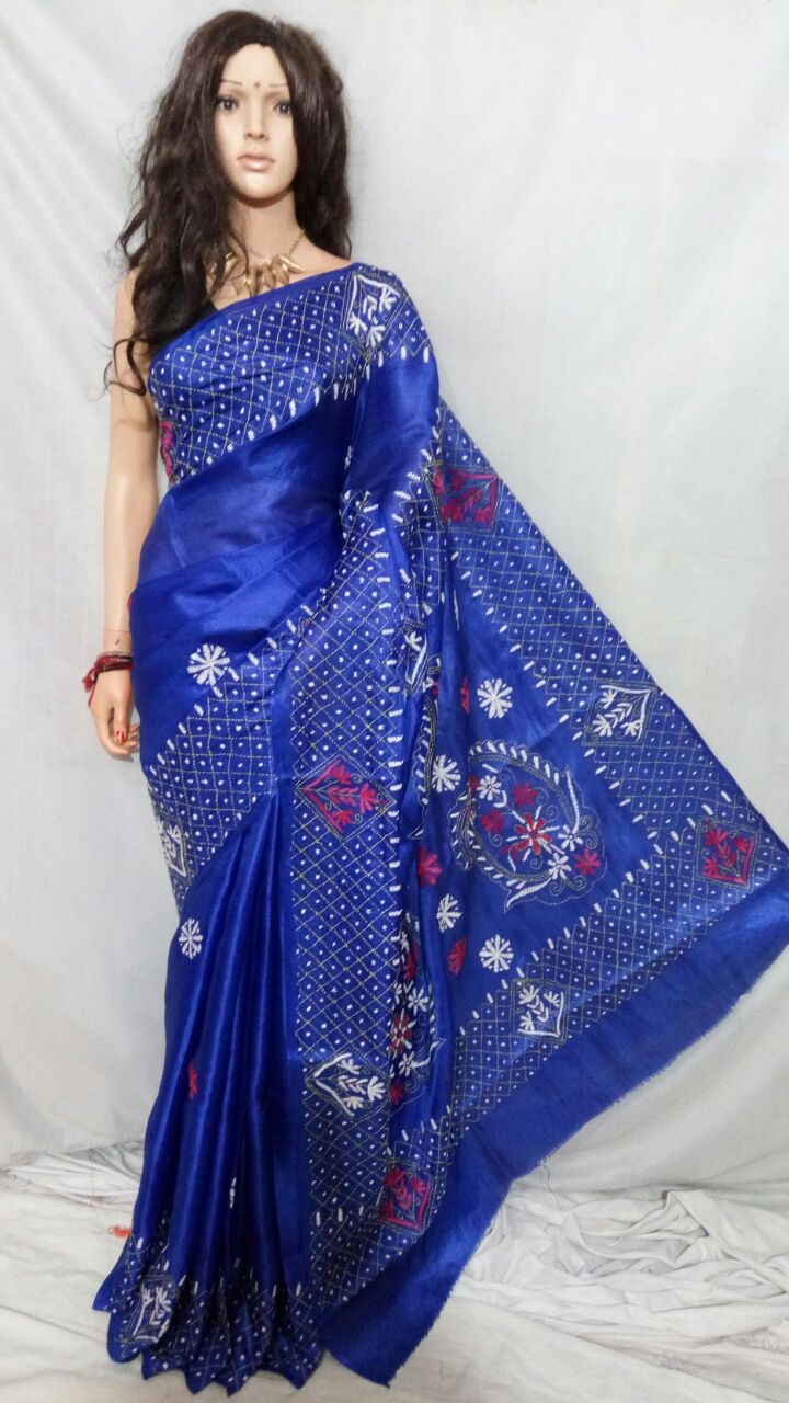 Blue Katha Stitch Bhagalpuri Silk Sarees - Dailybuyys