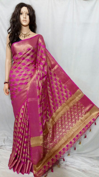 Pink Kachiwork Bangladesi Silk Mark Certified Muslin Resom Silk Sarees