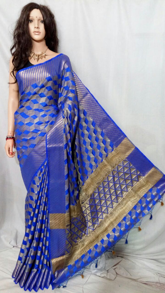 Blue Kachiwork Bangladesi Silk Mark Certified Muslin Resom Silk Sarees