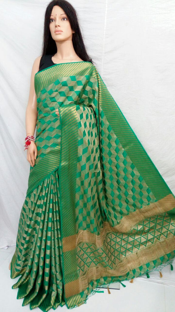 Green Kachiwork Bangladesi Silk Mark Certified Muslin Resom Silk Sarees