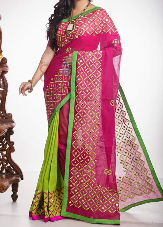 Pink Kachiwork Bangladesi Silk Mark Certified Muslin Resom Silk Sarees Get Extra 10% Discount on All Prepaid Transaction