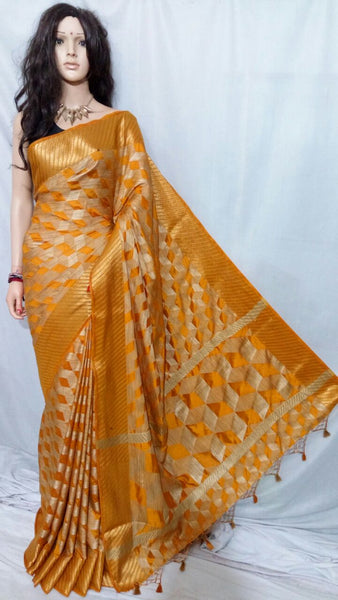 Yellow Kachiwork Bangladesi Silk Mark Certified Muslin Resom Silk Sarees