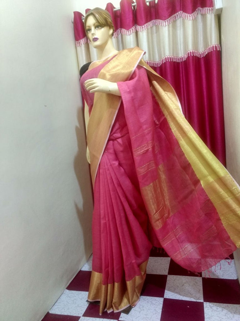 Pink Golden Handloom Ghicha Sarees Get Extra 10% Discount on All Prepaid Transaction