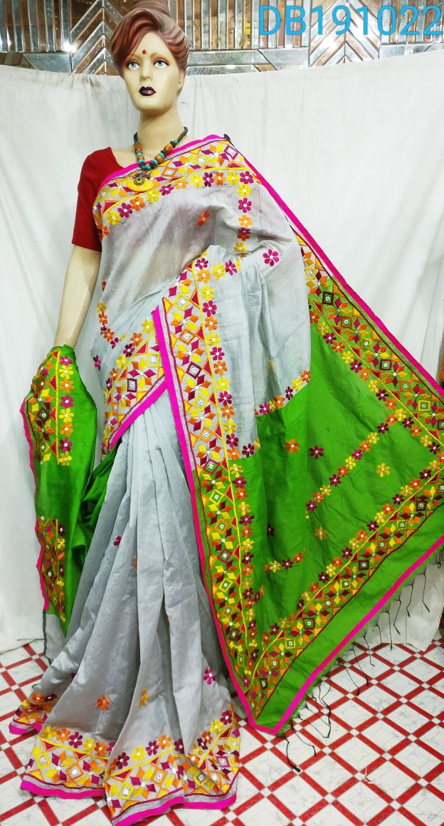 White Green Kachhi WorkChanderi Silk Sarees - Dailybuyys