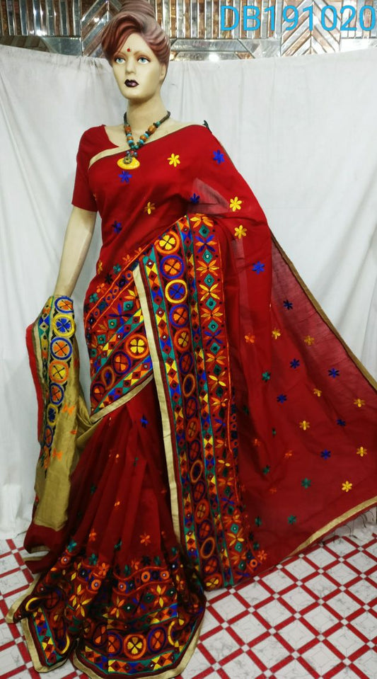 Red Kachhi Work Chanderi Silk Sarees - Dailybuyys