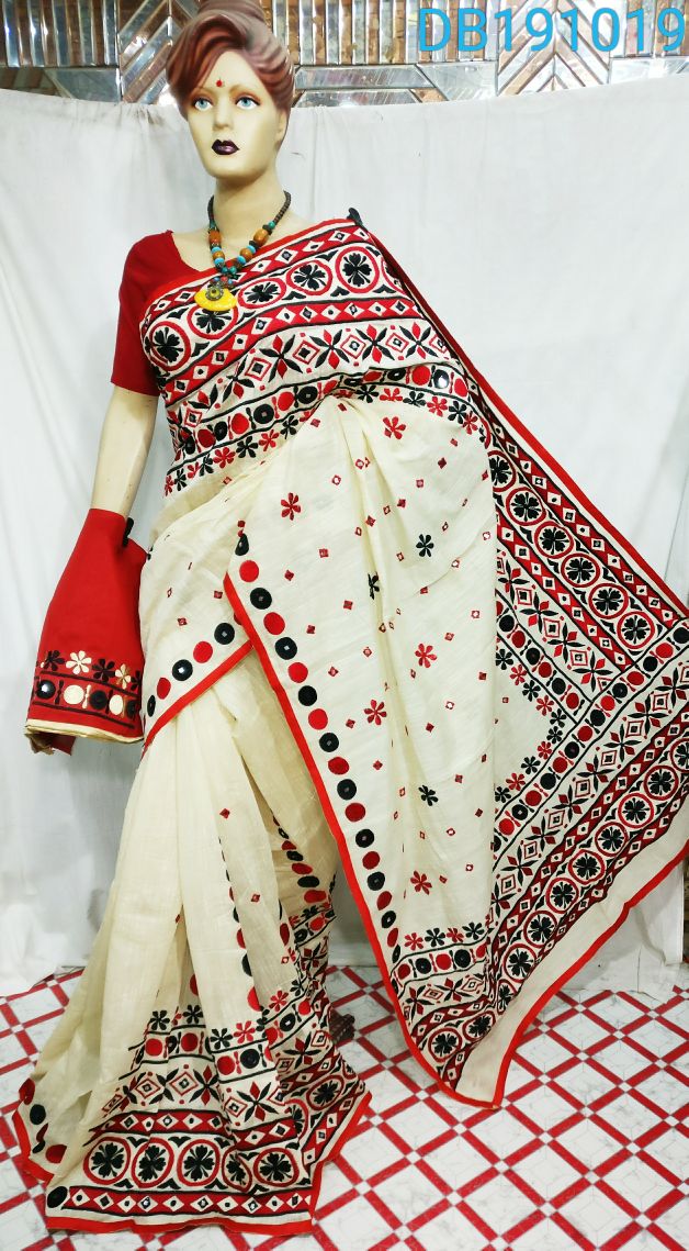 White Kachhi Work Kathiawari Sarees - Dailybuyys