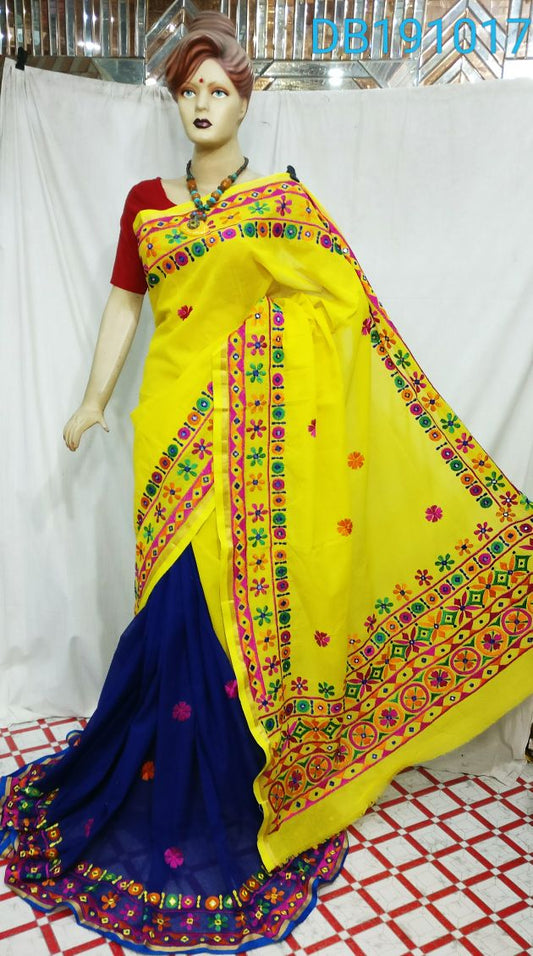 Yellow Blue Kachhi Work Kathiawari Sarees - Dailybuyys