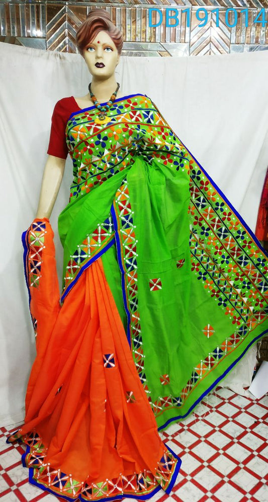Green Orange Kachhi Work Kathiawari Sarees - Dailybuyys