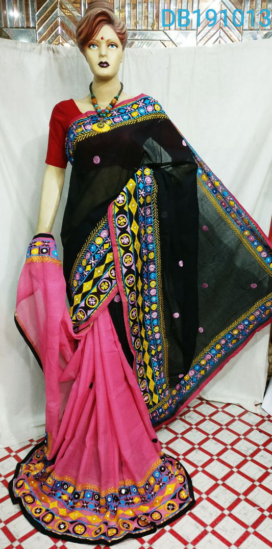 Pink Black Kachhi Work Kathiawari Sarees - Dailybuyys
