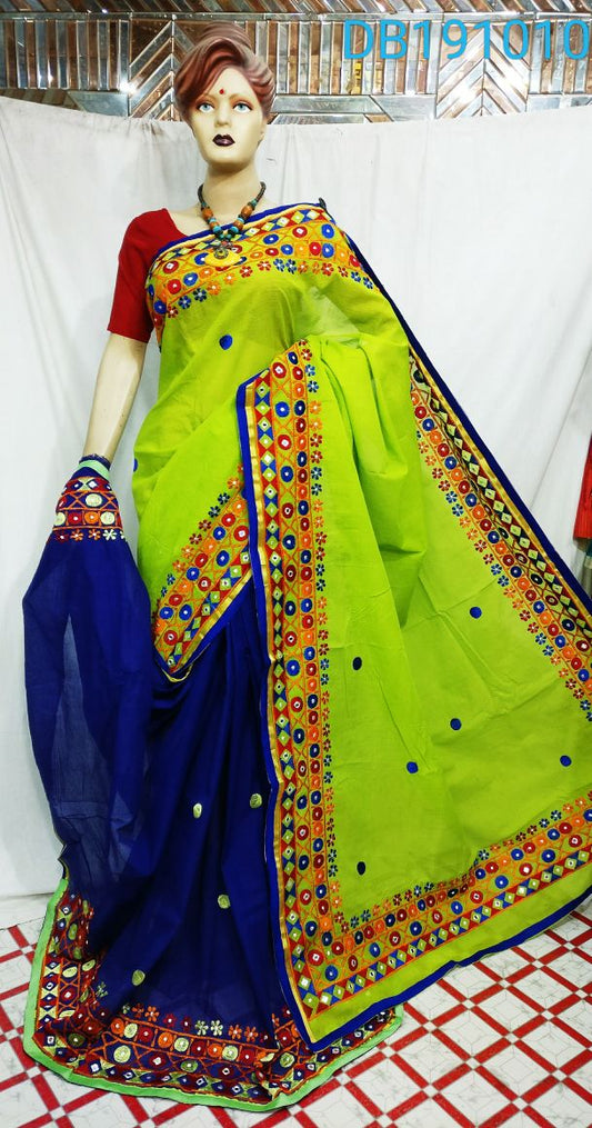 Yellow Blue Kachhi Work Kathiawari Sarees - Dailybuyys