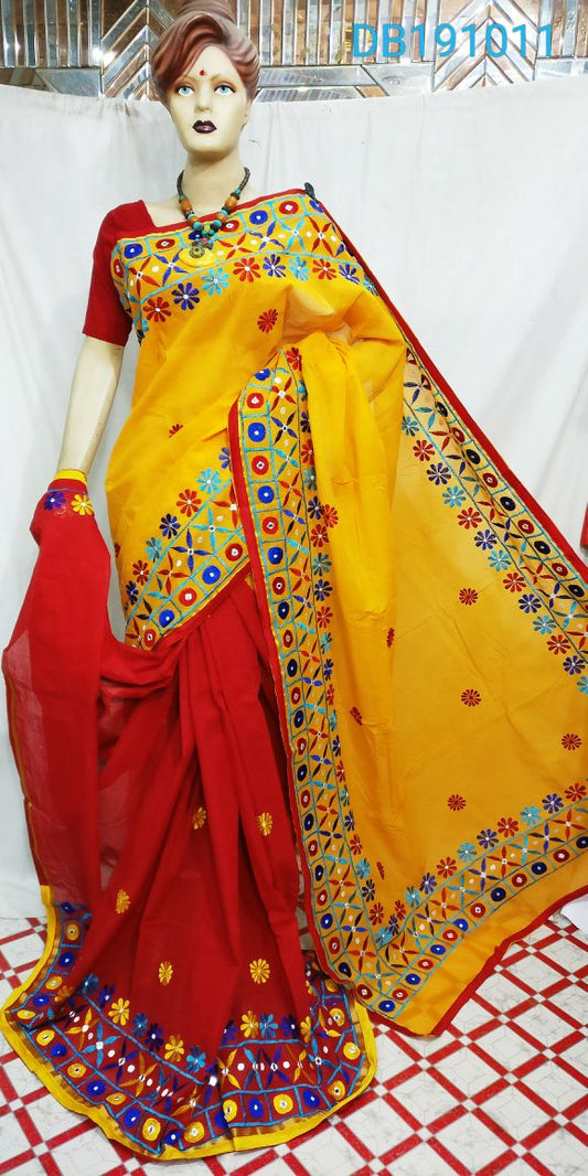 Yellow Red Kachhi Work Kathiawari Sarees - Dailybuyys