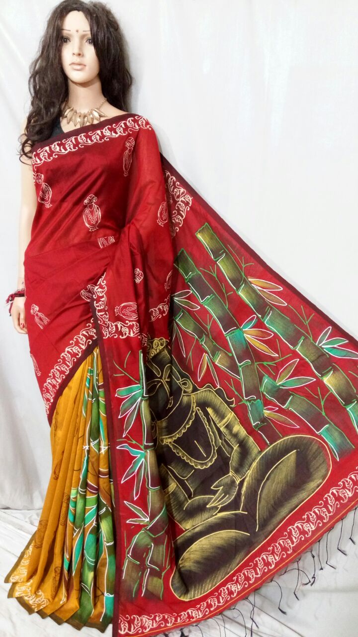 Red Block Pure Cotton Silk Sarees - Dailybuyys