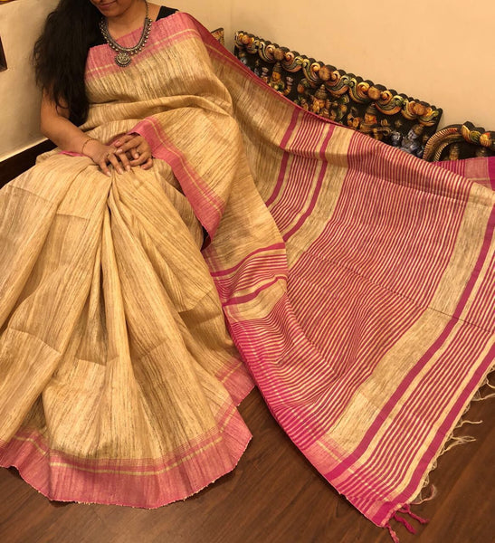 Pink Beige Pure Silk Mark Certified Tussar Ghicha Silk Sarees