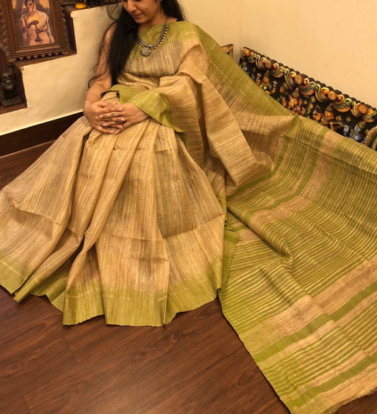Green Beige Pure Silk Mark Certified Tussar Ghicha Silk Sarees - Dailybuyys