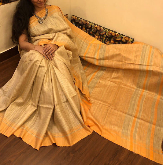 Yellow Beige Pure Silk Mark Certified Tussar Ghicha Silk Sarees - Dailybuyys