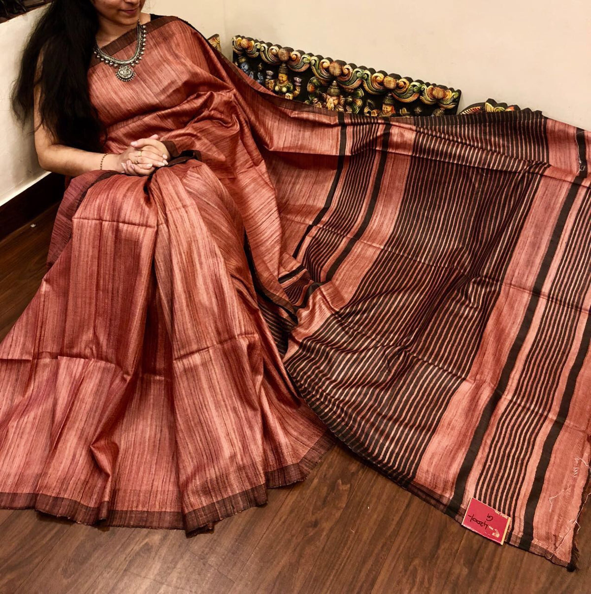 Marron Pure Silk Mark Certified Tussar Ghicha Silk Sarees - Dailybuyys