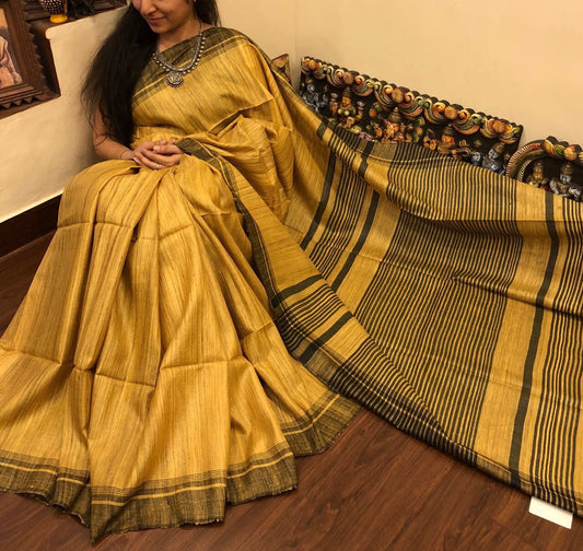 Yellow Pure Silk Mark Certified Tussar Ghicha Silk Sarees - Dailybuyys