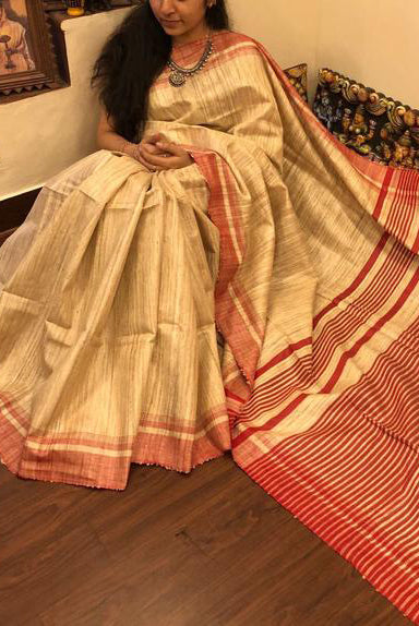 Pink Beige Pure Silk Mark Certified Tussar Ghicha Silk Sarees - Dailybuyys