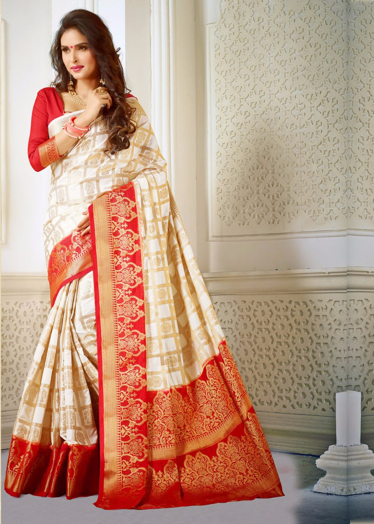 Red Banarasi Silk saree crafted with zari and Jaal work - House of Surya