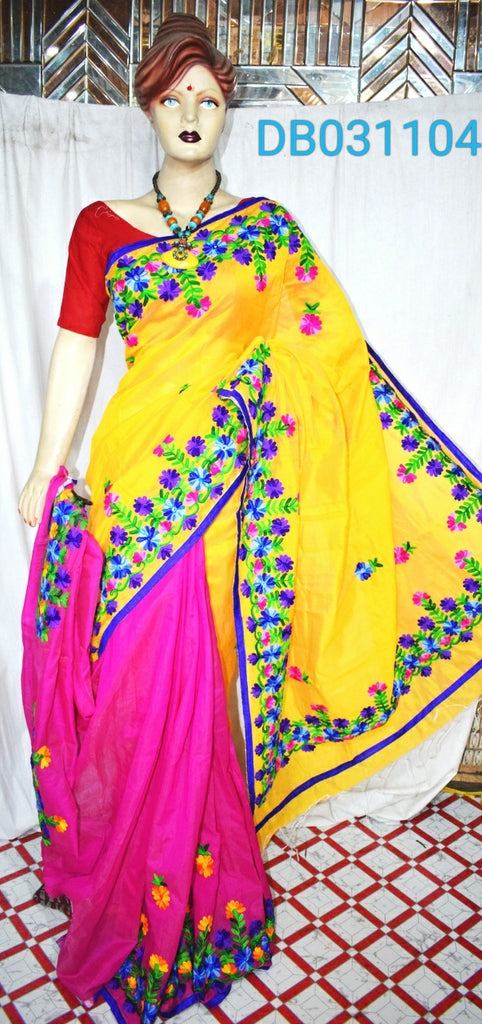Yellow Pink Handloom Pure Cotton Silk Sarees